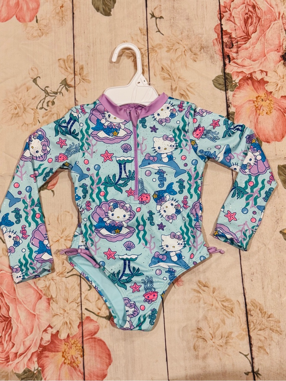 Hello Kitty Little Girl Long Sleeve Swimsuit One Piece Mermaid Dolphin Size4 NWT